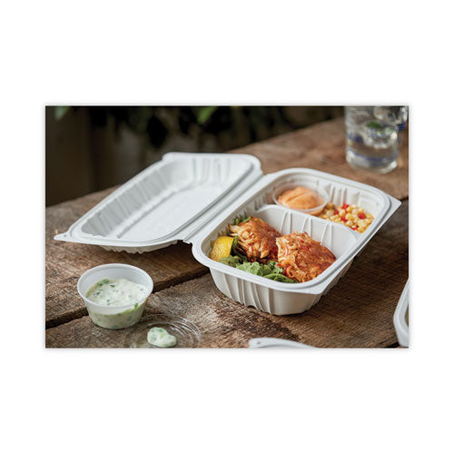Image of Pactiv Evergreen EarthChoice Vented Microwavable MFPP Hinged Lid Container, 2 Compartments, 9 x 6 x 3.1, White, Plastic, 170/Carton