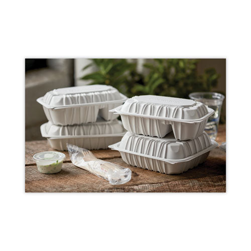 Image of Pactiv Evergreen EarthChoice Vented Microwavable MFPP Hinged Lid Container, 2 Compartments, 9 x 6 x 3.1, White, Plastic, 170/Carton