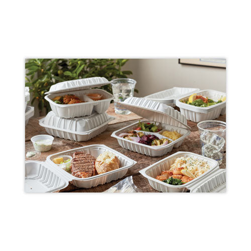 Image of Pactiv Evergreen EarthChoice Vented Microwavable MFPP Hinged Lid Container, 2 Compartments, 9 x 6 x 3.1, White, Plastic, 170/Carton