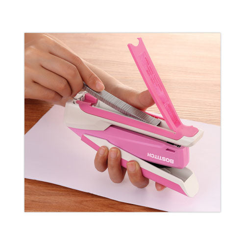 Image of Bostitch® InCourage Spring-Powered Desktop Stapler with Antimicrobial Protection, Breast Cancer Awareness, 20-Sheet Capacity, Pink/Gray