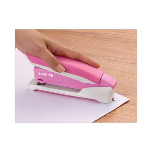Image of Bostitch® InCourage Spring-Powered Desktop Stapler with Antimicrobial Protection, Breast Cancer Awareness, 20-Sheet Capacity, Pink/Gray