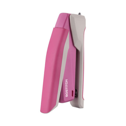 Image of Bostitch® InCourage Spring-Powered Desktop Stapler with Antimicrobial Protection, Breast Cancer Awareness, 20-Sheet Capacity, Pink/Gray