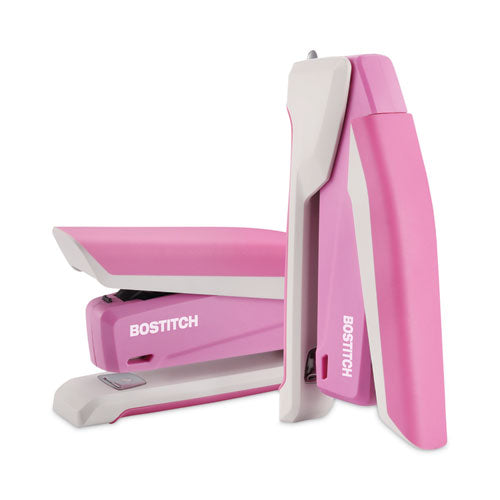 Image of Bostitch® InCourage Spring-Powered Desktop Stapler with Antimicrobial Protection, Breast Cancer Awareness, 20-Sheet Capacity, Pink/Gray