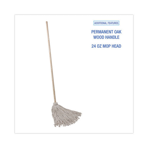 Image of Boardwalk® Handle/Deck Mops, #24 White Cotton Head, 54" Natural Wood Handle, 6/Pack