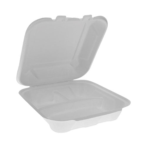 Image of Pactiv Evergreen EarthChoice Bagasse Hinged Lid Container, 3 Compartments, Dual Tab Lock, 7.8 x 7.8 x 2.8, Natural, Sugarcane, 150/Carton