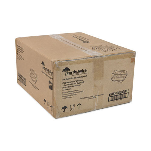 Image of Pactiv Evergreen EarthChoice Bagasse Hinged Lid Container, 3 Compartments, Dual Tab Lock, 7.8 x 7.8 x 2.8, Natural, Sugarcane, 150/Carton