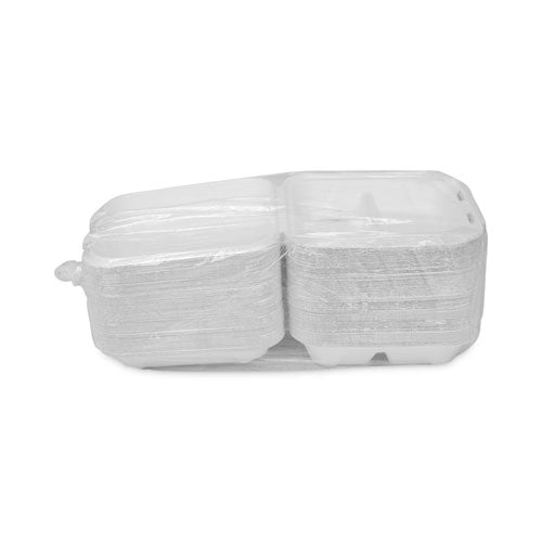 Image of Pactiv Evergreen EarthChoice Bagasse Hinged Lid Container, 3 Compartments, Dual Tab Lock, 7.8 x 7.8 x 2.8, Natural, Sugarcane, 150/Carton