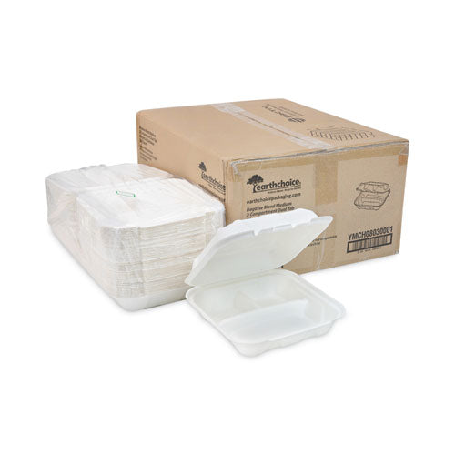 Image of Pactiv Evergreen EarthChoice Bagasse Hinged Lid Container, 3 Compartments, Dual Tab Lock, 7.8 x 7.8 x 2.8, Natural, Sugarcane, 150/Carton