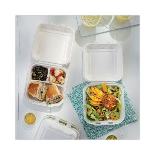 Image of Pactiv Evergreen EarthChoice Bagasse Hinged Lid Container, 3 Compartments, Dual Tab Lock, 7.8 x 7.8 x 2.8, Natural, Sugarcane, 150/Carton