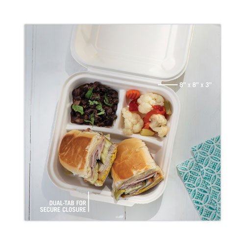 Image of Pactiv Evergreen EarthChoice Bagasse Hinged Lid Container, 3 Compartments, Dual Tab Lock, 7.8 x 7.8 x 2.8, Natural, Sugarcane, 150/Carton