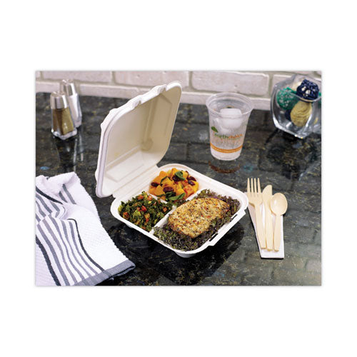 Image of Pactiv Evergreen EarthChoice Bagasse Hinged Lid Container, 3 Compartments, Dual Tab Lock, 7.8 x 7.8 x 2.8, Natural, Sugarcane, 150/Carton