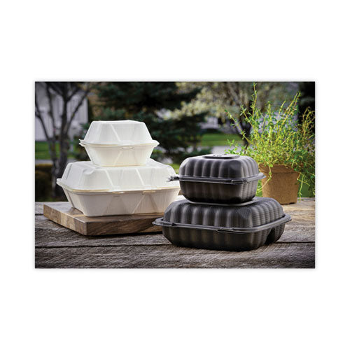 Image of Pactiv Evergreen EarthChoice Bagasse Hinged Lid Container, 3 Compartments, Dual Tab Lock, 7.8 x 7.8 x 2.8, Natural, Sugarcane, 150/Carton
