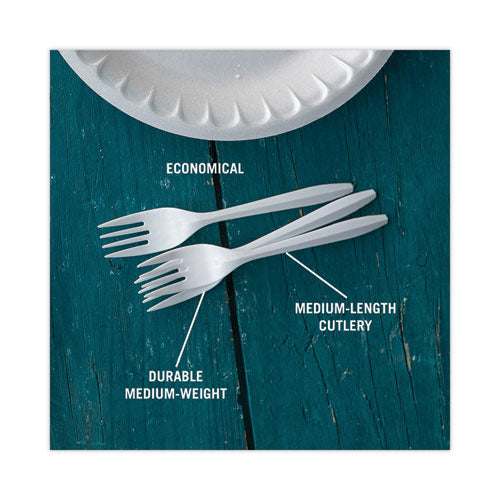 Image of Pactiv Evergreen Fieldware Cutlery, Mediumweight Fork, Plastic, White, 1,000/Carton