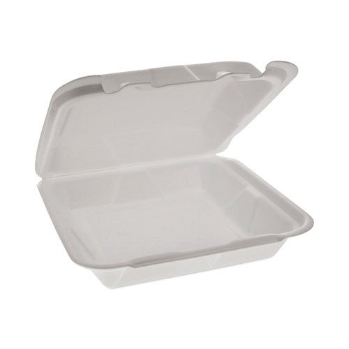 Image of Pactiv Evergreen Foam Hinged Lid Container, Dual Tab Lock Happy Face, 8 x 7.75 x 2.25, White, 200/Carton