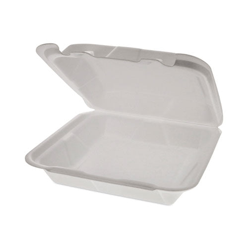 Image of Pactiv Evergreen Foam Hinged Lid Container, Dual Tab Lock Happy Face, 8 x 7.75 x 2.25, White, 200/Carton