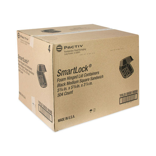 Image of Pactiv Evergreen SmartLock Foam Hinged Lid Container, Sandwich, 5.75 x 5.75 x 3.25, Black, 504/Carton