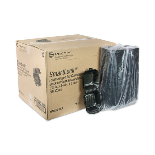 Image of Pactiv Evergreen SmartLock Foam Hinged Lid Container, Sandwich, 5.75 x 5.75 x 3.25, Black, 504/Carton