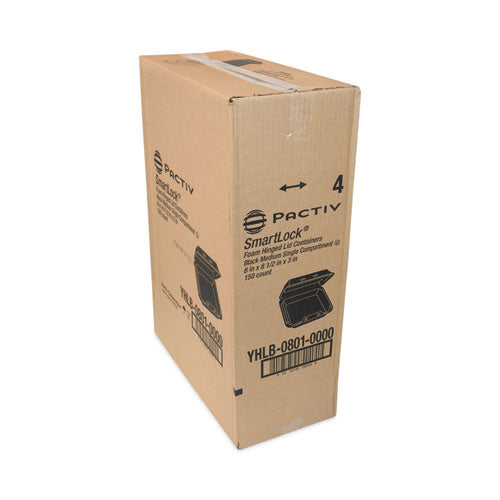Image of Pactiv Evergreen SmartLock Foam Hinged Lid Container, Medium, 8 x 8.5 x 3, Black, 150/Carton