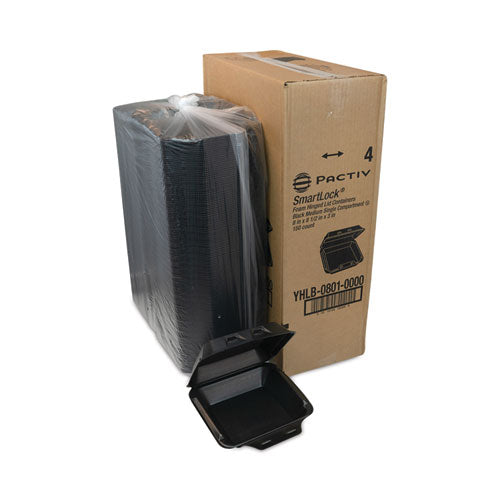 Image of Pactiv Evergreen SmartLock Foam Hinged Lid Container, Medium, 8 x 8.5 x 3, Black, 150/Carton