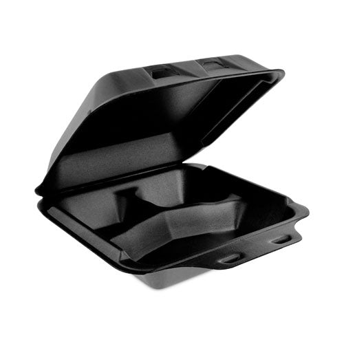 Image of Pactiv Evergreen SmartLock Foam Hinged Lid Container, Medium, 3 Compartments, 8 x 8.5 x 3, Black, 150/Carton