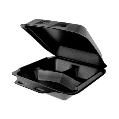 Image of Pactiv Evergreen SmartLock Foam Hinged Lid Container, Medium, 3 Compartments, 8 x 8.5 x 3, Black, 150/Carton