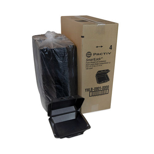 Image of Pactiv Evergreen SmartLock Foam Hinged Lid Container, Large, 9 x 9.13 x 3.25, Black, 150/Carton