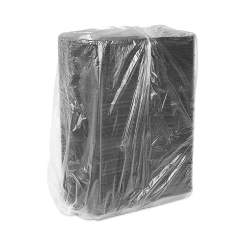 Image of Pactiv Evergreen SmartLock Foam Hinged Lid Container, Large, 3 Compartments, 9 x 9.5 x 3.25, Black, 150/Carton