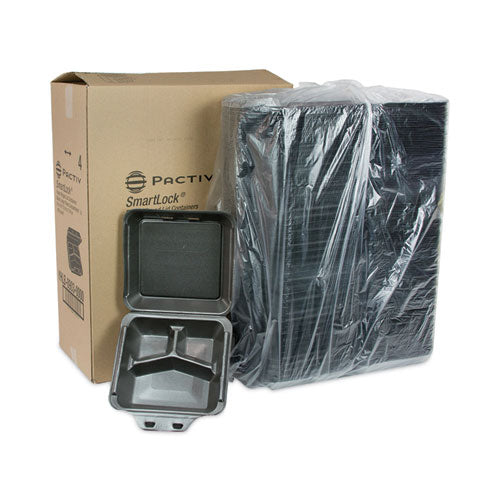 Image of Pactiv Evergreen SmartLock Foam Hinged Lid Container, Large, 3 Compartments, 9 x 9.5 x 3.25, Black, 150/Carton