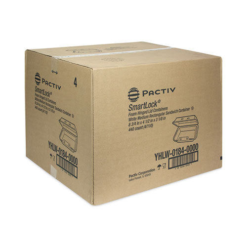 Image of Pactiv Evergreen SmartLock Foam Hinged Lid Container, Medium, 8.75 x 4.5 x 3.13, White, 440/Carton