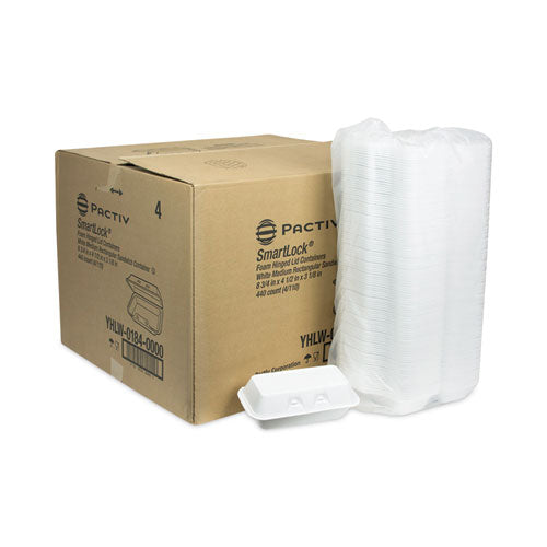 Image of Pactiv Evergreen SmartLock Foam Hinged Lid Container, Medium, 8.75 x 4.5 x 3.13, White, 440/Carton
