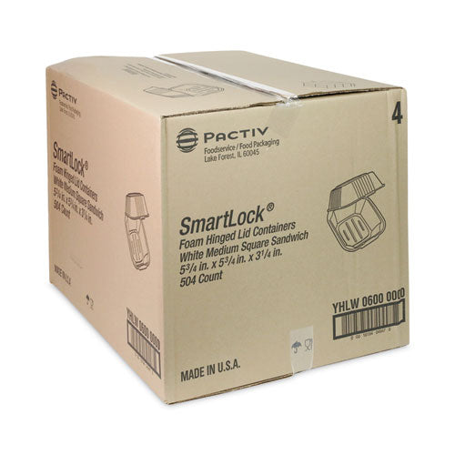 Image of Pactiv Evergreen SmartLock Foam Hinged Lid Container, Sandwich, 5.75 x 5.75 x 3.25, White, 504/Carton