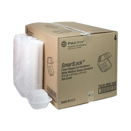 Image of Pactiv Evergreen SmartLock Foam Hinged Lid Container, Sandwich, 5.75 x 5.75 x 3.25, White, 504/Carton