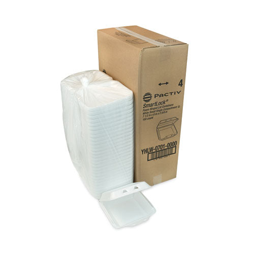 Image of Pactiv Evergreen SmartLock Foam Hinged Lid Container, Small, 7.5 x 8 x 2.63, White, 150/Carton