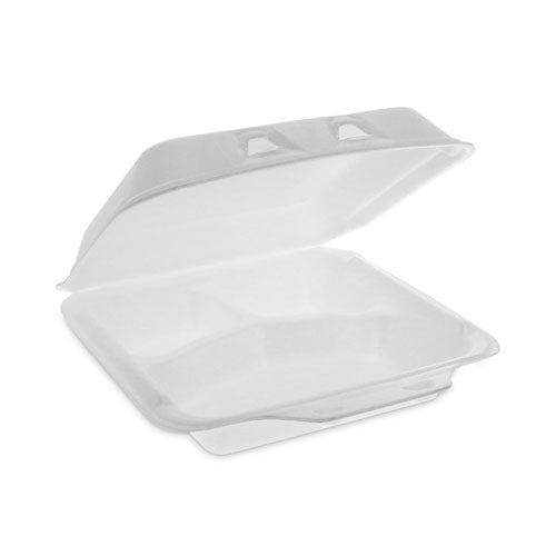 Image of Pactiv Evergreen SmartLock Foam Hinged Lid Container, Small, 3 Compartments, 7.5 x 8 x 2.63, White, 150/Carton