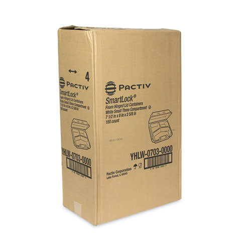 Image of Pactiv Evergreen SmartLock Foam Hinged Lid Container, Small, 3 Compartments, 7.5 x 8 x 2.63, White, 150/Carton
