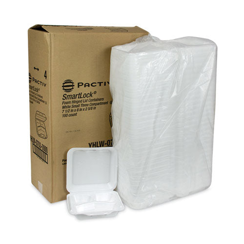 Image of Pactiv Evergreen SmartLock Foam Hinged Lid Container, Small, 3 Compartments, 7.5 x 8 x 2.63, White, 150/Carton