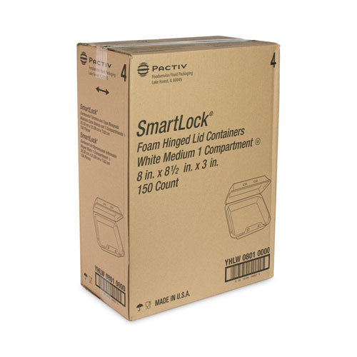 Image of Pactiv Evergreen SmartLock Foam Hinged Lid Container, Medium, 8 x 8 x 3, White, 150/Carton