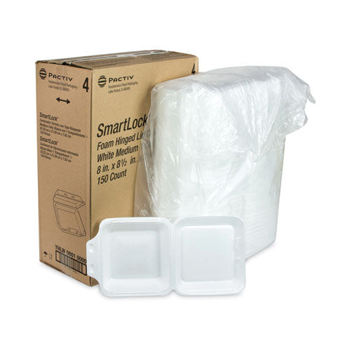 Image of Pactiv Evergreen SmartLock Foam Hinged Lid Container, Medium, 8 x 8 x 3, White, 150/Carton