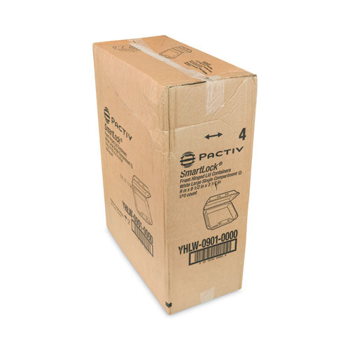 Image of Pactiv Evergreen SmartLock Foam Hinged Lid Container, Large, 9 x 9.13 x 3.25, White, 150/Carton