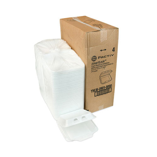 Image of Pactiv Evergreen SmartLock Foam Hinged Lid Container, Large, 9 x 9.13 x 3.25, White, 150/Carton