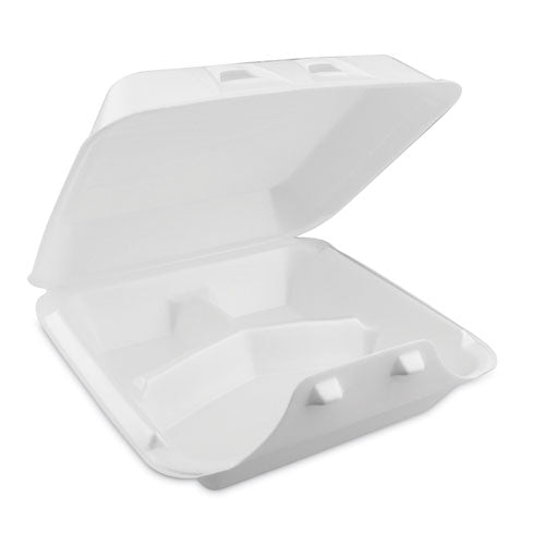 Image of Pactiv Evergreen SmartLock Foam Hinged Lid Container, Large, 3 Compartments, 9 x 9.25 x 3.25, White, 150/Carton
