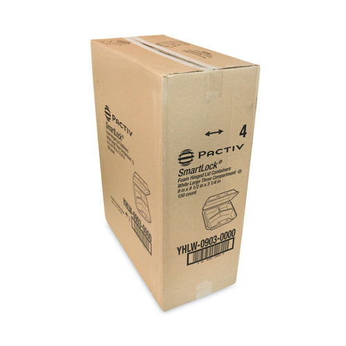 Image of Pactiv Evergreen SmartLock Foam Hinged Lid Container, Large, 3 Compartments, 9 x 9.25 x 3.25, White, 150/Carton