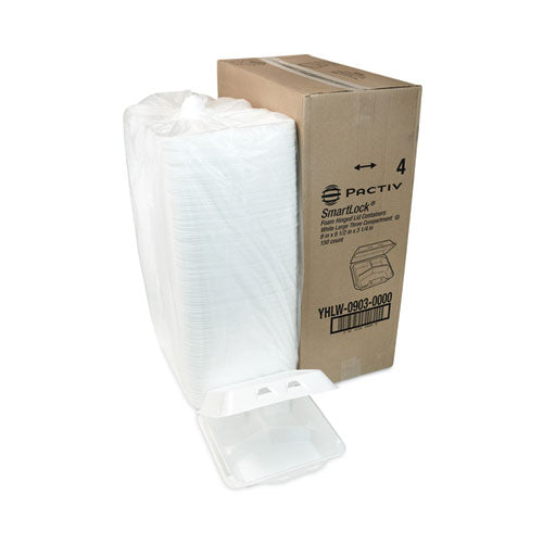Image of Pactiv Evergreen SmartLock Foam Hinged Lid Container, Large, 3 Compartments, 9 x 9.25 x 3.25, White, 150/Carton