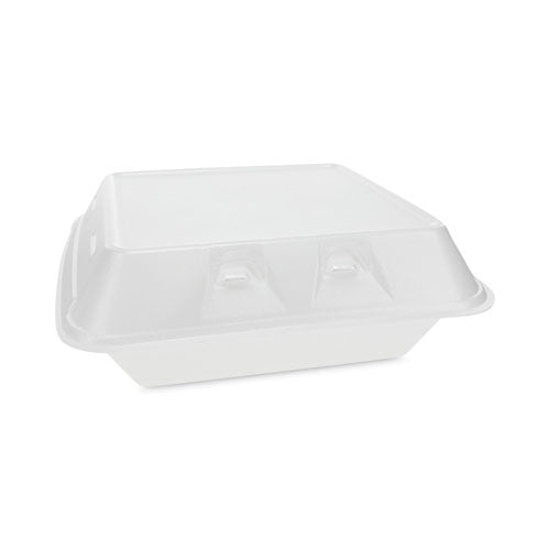 Image of Pactiv Evergreen SmartLock Vented Foam Hinged Lid Container, 3 Compartments, 9 x 9.25 x 3.25, White, 150/Carton