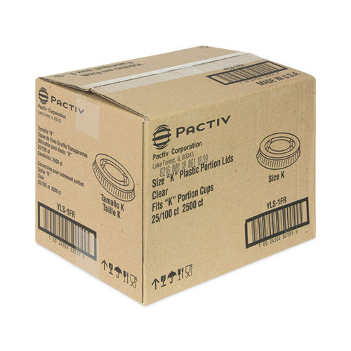 Image of Pactiv Evergreen Plastic Portion Cup Lid, Fits 0.5 oz to 1 oz Portion Cups, Clear, 100/Sleeve, 25 Sleeves/Carton