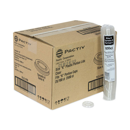 Image of Pactiv Evergreen Plastic Portion Cup Lid, Fits 0.5 oz to 1 oz Portion Cups, Clear, 100/Sleeve, 25 Sleeves/Carton