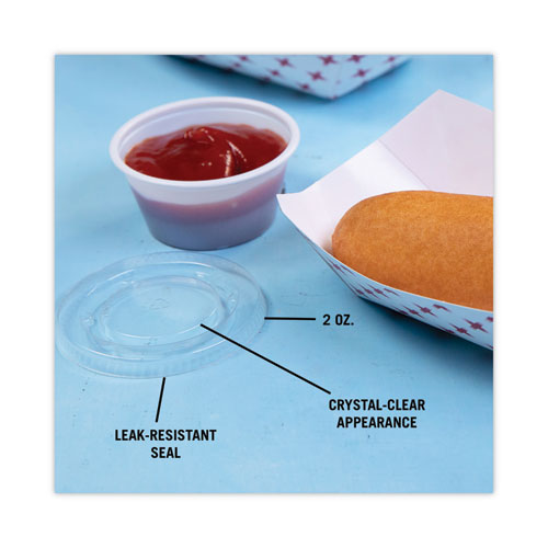 Image of Pactiv Evergreen Plastic Portion Cup Lid, Fits 1.5 oz to 2.5 oz Portion Cups, Clear, 100/Pack, 24 Packs/Carton
