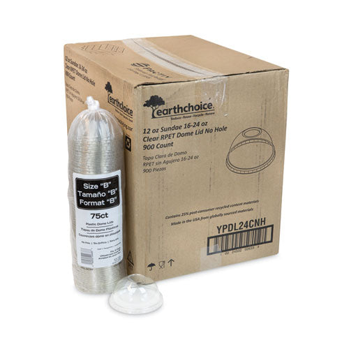 Image of Pactiv Evergreen EarthChoice Strawless RPET Lid, Dome Lid, Fits 12 oz to 24 oz "B" Cups, Plastic, Clear, 1,020/Carton