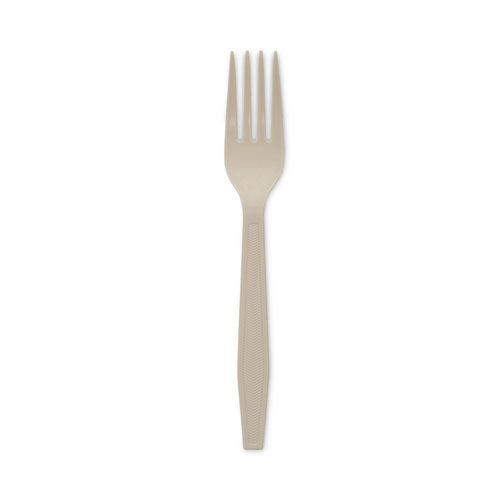 Image of Pactiv Evergreen EarthChoice PSM Cutlery, Heavyweight Fork, Plastic, Tan, 1,000/Carton