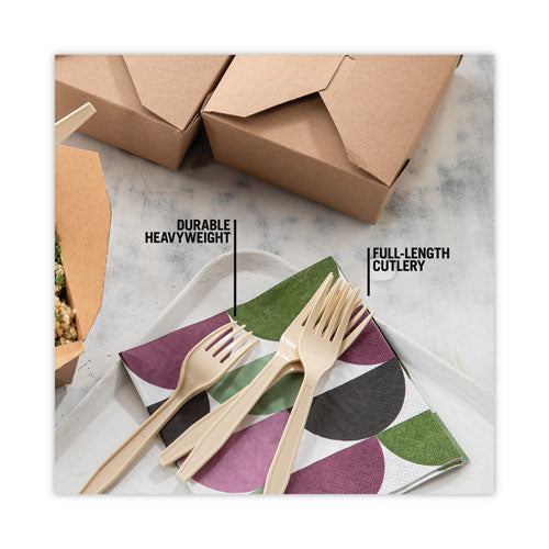 Image of Pactiv Evergreen EarthChoice PSM Cutlery, Heavyweight Fork, Plastic, Tan, 1,000/Carton